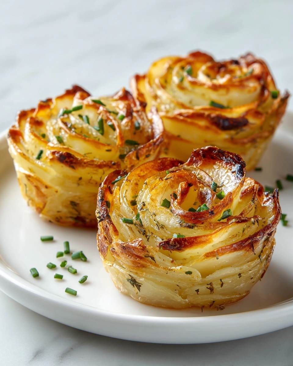 Three golden brown potato nests sit on a white plate with a light speckled texture. Each nest is made of thin, twisted potato strands that are baked tightly in a circular shape, showing slightly crispy and browned edges. The top of every nest is sprinkled with small bright green chive pieces, some scattered around on the plate. The plate is placed on a white marbled surface, with soft natural light coming from a window in the background. Photo taken with an iphone --ar 4:5 --v 7