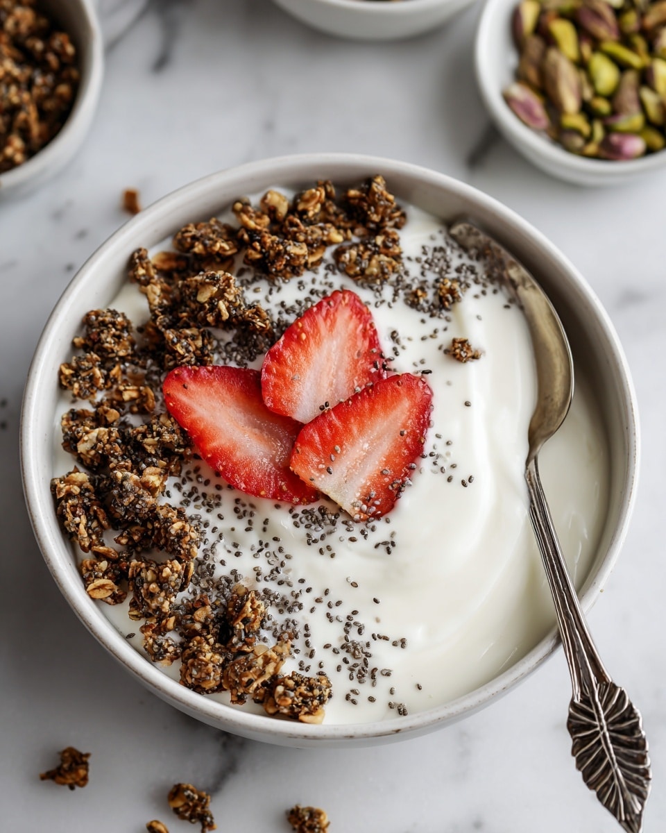 A white bowl filled with a creamy white yogurt base, topped with three main layers of toppings: a row of fresh dark blue blueberries on the left, a middle row of light brown sliced almonds, and a row of black blackberries on the right. Some almonds and blackberries spill slightly over the yogurt. A silver spoon rests in the bowl on the right side. The bowl sits on torn pages of a book over a white marbled surface with more sliced almonds scattered around. Photo taken with an iphone --ar 4:5 --v 7