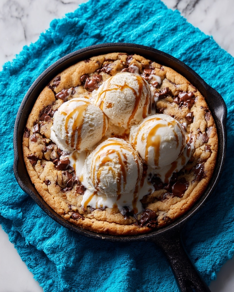A large, round chocolate chip cookie baked in a black cast iron pan sits on a white marbled surface with a textured light blue cloth underneath. The cookie is golden brown with darker brown melted chocolate chunks scattered all over its slightly cracked surface. On top, there are three scoops of creamy, off-white vanilla ice cream, with a soft texture and a slight sheen, placed in the center of the cookie. Photo taken with an iphone --ar 4:5 --v 7