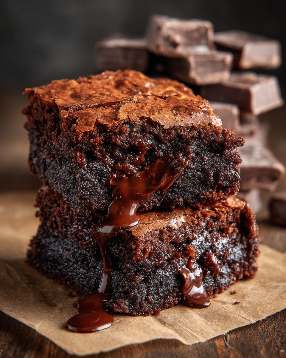 The image shows three pieces of brownies stacked on a white marbled surface, each brownie with a deep dark brown color and a shiny, cracked top layer revealing a moist and dense inside. Behind the brownies, there are several large dark chocolate bars arranged in a scattered way, with some pieces showing their smooth rectangular shape and ridged texture. The overall look gives a rich and fudgy feel to the brownies and the chocolate bars. Photo taken with an iphone --ar 4:5 --v 7