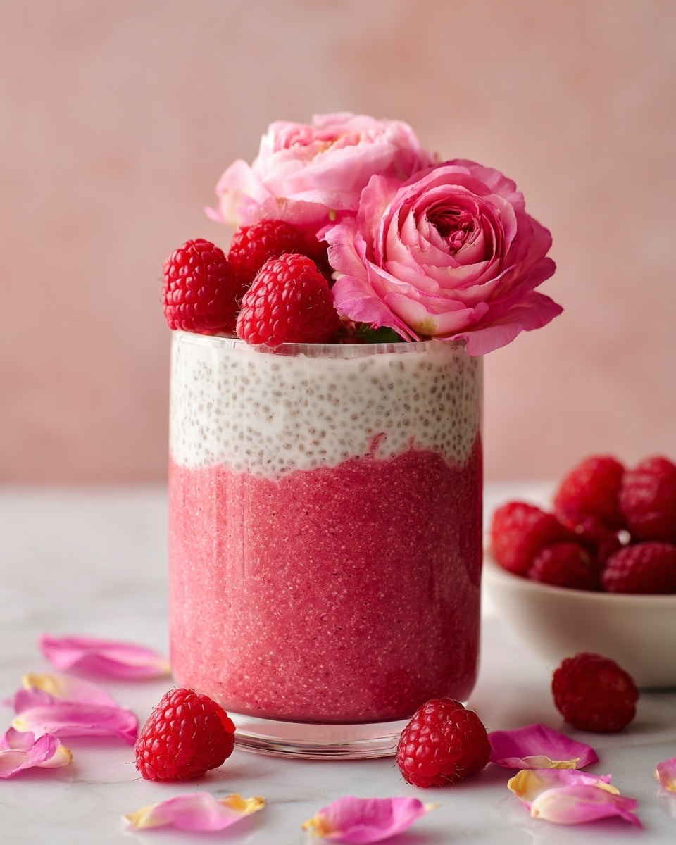 A clear glass cup shows three layers: the bottom layer is a thick, textured pink chia pudding filling about two-thirds of the glass. On top of it is a smooth, white creamy layer taking up the next third. The glass is topped with bright red raspberries and two pink roses, one larger and one smaller, placed among the berries. Around the glass on a white marbled surface are scattered pink rose petals, whole raspberries, and a small white bowl filled with raspberries off to the side. Photo taken with an iphone --ar 4:5 --v 7