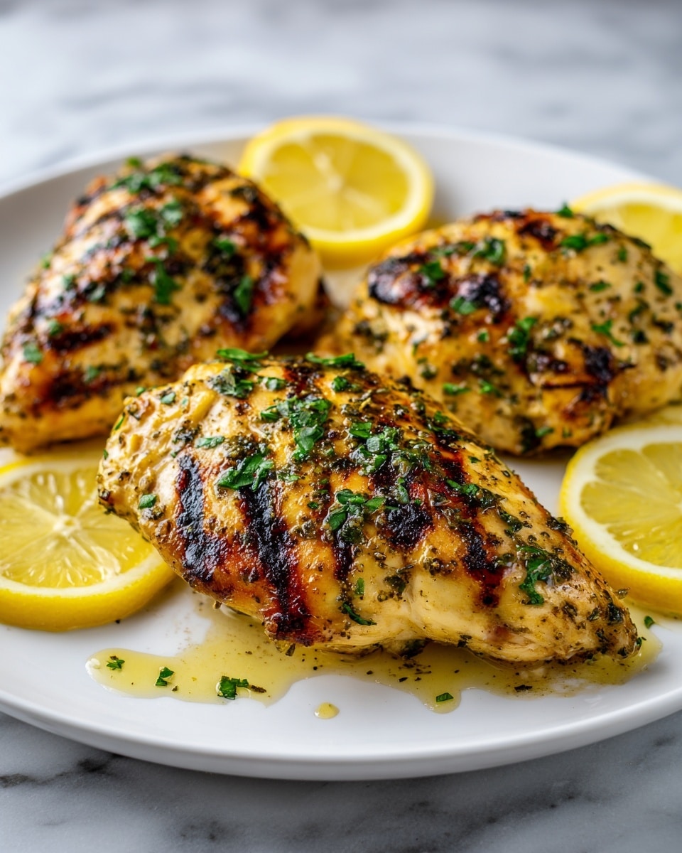 Three grilled chicken pieces are placed on a black surface with lemon slices around them. The chicken is golden brown with grill marks and sprinkled with chopped green herbs. One chicken piece is sliced into several strips, showing its cooked white inside. The lemon slices are yellow with a slightly translucent texture, adding bright color to the scene. The entire setting is fresh and appetizing with a shiny glaze on the chicken. photo taken with an iphone --ar 4:5 --v 7