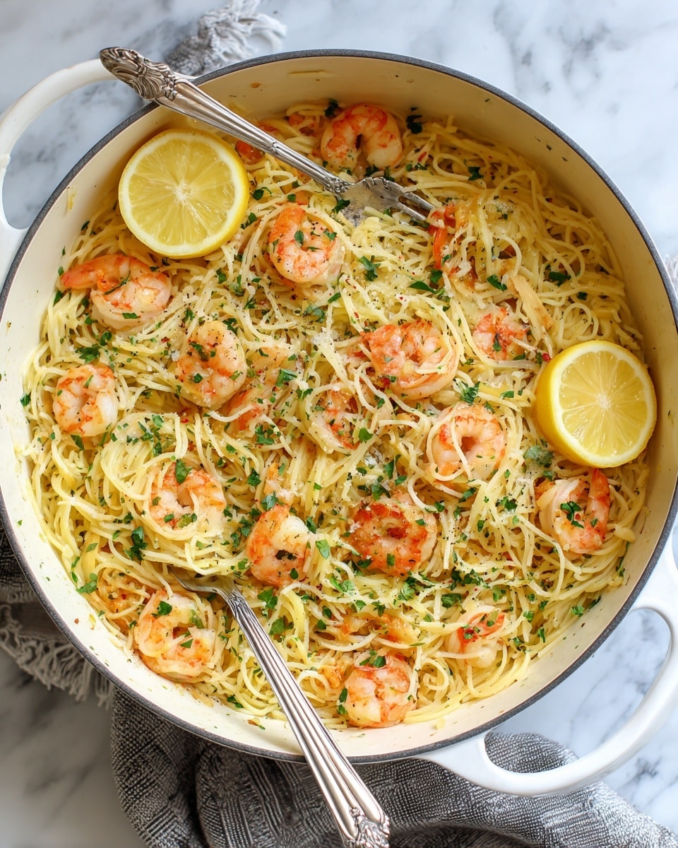 A large white pot filled with thin light yellow pasta tangled with medium-sized cooked shrimp that are pink with a touch of orange. The shrimp are scattered on top and mixed within the pasta. Small pieces of light brown garlic slices and chopped green herbs are sprinkled all over. There are three bright yellow lemon wedges placed on the right and left edges inside the pot. Two silver forks are in the pot, one on the left and the other on the right, lifting some pasta and shrimp. The pot is placed on a white marbled surface with a grey and white cloth partially visible under it. photo taken with an iphone --ar 4:5 --v 7