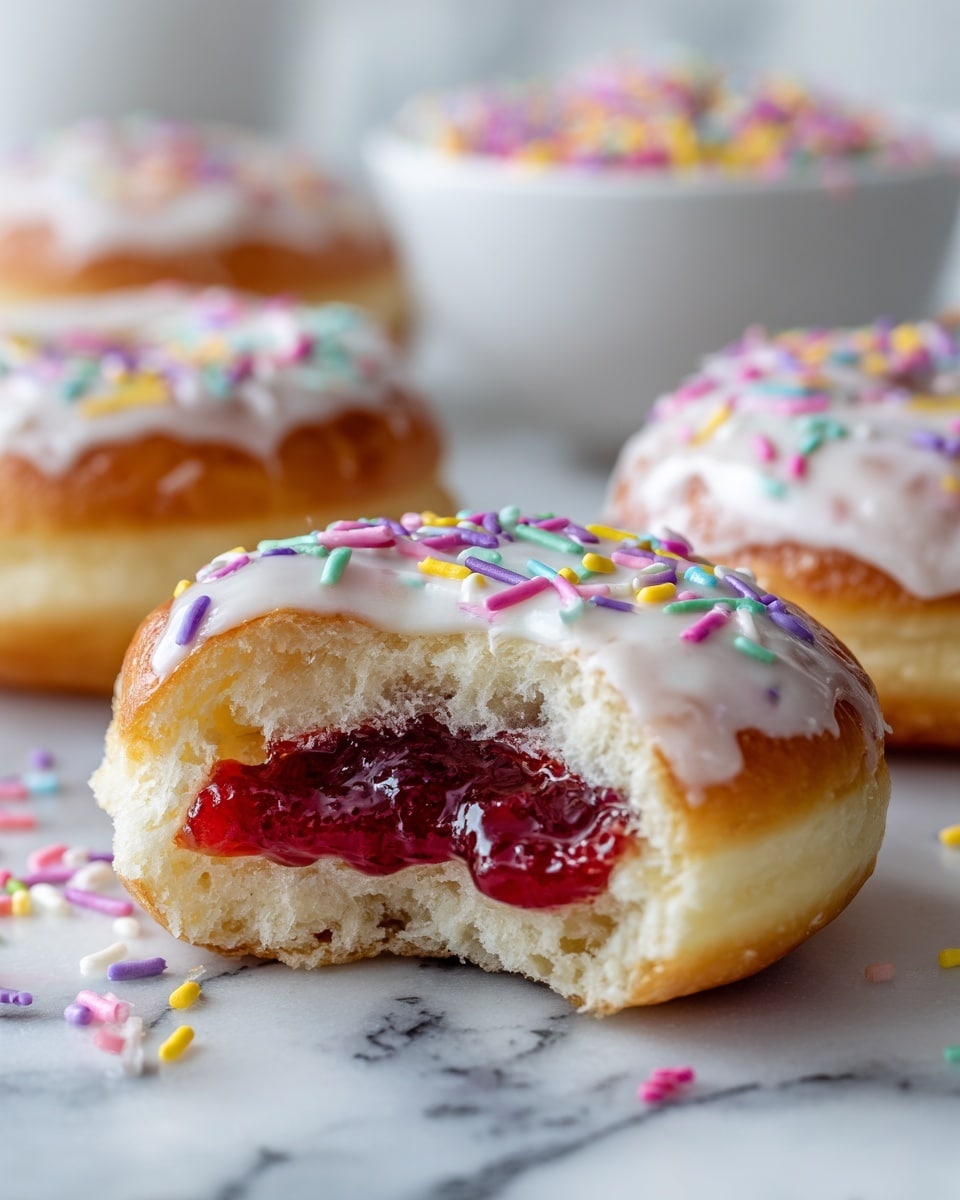 A close-up of a split open cookie showing three layers: the top layer has white frosting covered with colorful long sprinkles in purple, yellow, blue, green, and pink; the middle layer is a thin, soft cookie in a light golden brown color; the bottom layer is thick red jelly filling with a shiny, smooth texture, all resting on a white marbled surface with a blurred white bowl in the background also holding colorful sprinkles photo taken with an iphone --ar 4:5 --v 7