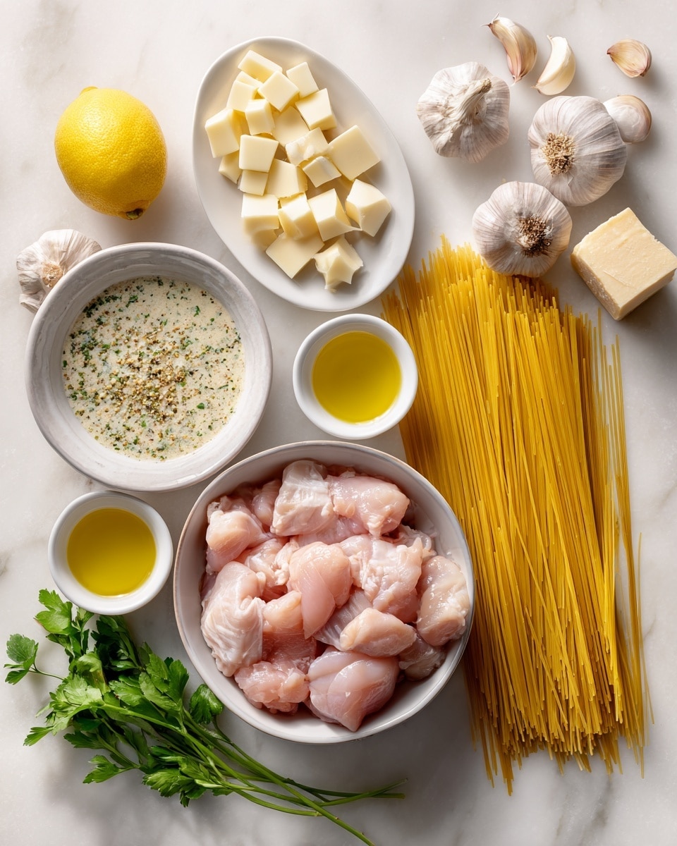 The image shows a white marbled surface with various ingredients arranged on it. At the center bottom, there is a round bowl filled with light pink raw chicken pieces. To the right, a bundle of uncooked, long yellow spaghetti stands upright horizontally. Above the chicken, there is a small oval white bowl holding sliced white butter pieces. To the left of the butter, a white bowl contains a creamy sauce sprinkled with chopped herbs and pepper. Entire garlic bulbs and peeled garlic cloves are scattered around, with one whole garlic bulb near the top right. On the far left, a whole yellow lemon and a chunk of pale yellow cheese with a rind are placed. Two small white cups hold golden olive oil and a light yellow liquid positioned near the garlic and lemon. Fresh green parsley lies behind the garlic and sauce bowl, adding a pop of color. The photo is taken with an iphone --ar 4:5 --v 7