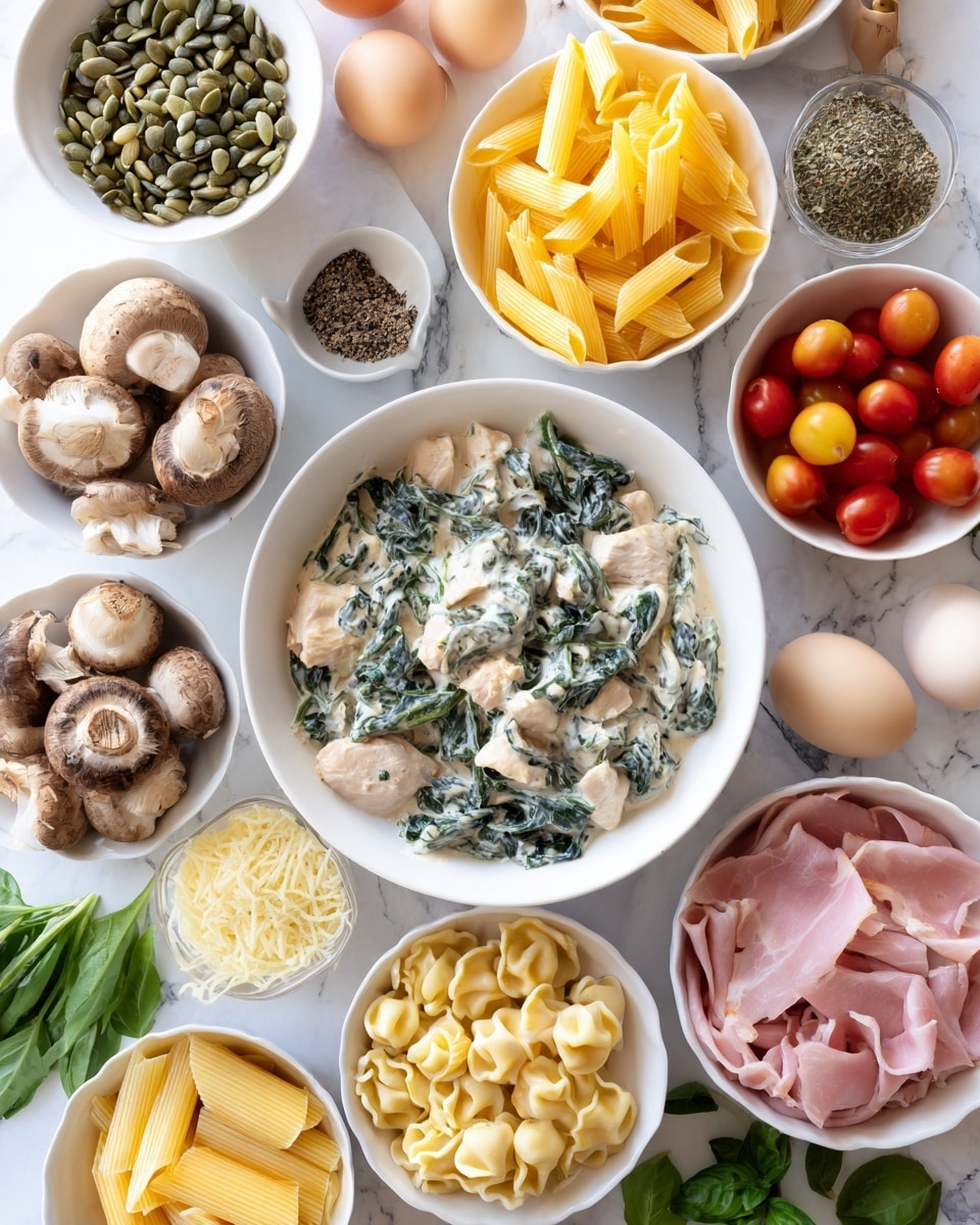 The image shows a top view of various ingredients arranged neatly on a white marbled surface. In the center, there is a white bowl filled with cooked chicken pieces mixed with spinach in a creamy sauce. Around it, there are multiple white bowls containing different items: yellow uncooked penne pasta, uncooked spaghetti, cherry tomatoes, raw whole mushrooms with brown shells, grated cheese, cracked raw eggs in a bowl, and another bowl with small tortellini pasta. Other ingredients include fresh green basil leaves, a small bowl with green pumpkin seeds, another with dried herbs, peeled garlic cloves, whole eggs, a pile of pink sliced ham, and a dish with black pepper and salt. The overall setting is bright with natural light, portraying a clean and organized cooking preparation scene. photo taken with an iphone --ar 4:5 --v 7