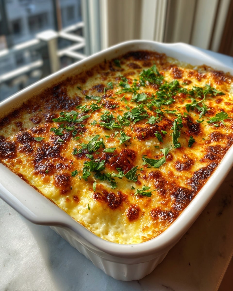 The dish is shown in a round white ceramic dish filled with several browned, crispy-topped baked pieces, likely chicken, covered in a creamy, golden cheese sauce with browned edges. The surface is scattered with fresh green parsley leaves, adding a pop of color. The cheese sauce looks thick and slightly bubbly, blending with the browned patches on top. The dish is placed on a white marbled surface with soft natural light coming from a nearby window, giving a warm feeling to the scene. photo taken with an iphone --ar 4:5 --v 7