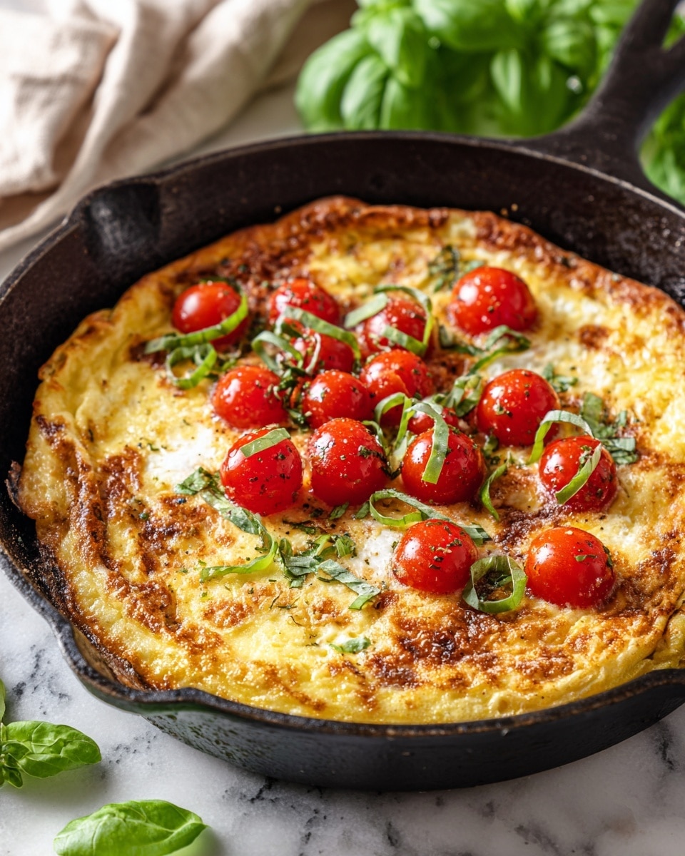A thick, golden-brown frittata sits in a black cast iron pan, topped with bright red roasted cherry tomatoes spread evenly across the surface. Over the tomatoes and eggs, there is a scattering of thinly sliced fresh green basil leaves that add a pop of color. The frittata shows a slightly crispy texture on the edges with a soft look in the middle. The pan rests on a white marbled surface with a beige cloth nearby and a white vase holding fresh green basil in the background. The light shines softly on the dish, highlighting the fresh ingredients and warm colors photo taken with an iphone --ar 4:5 --v 7