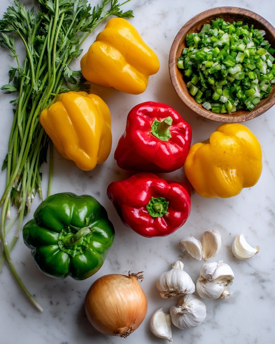 The image shows a collection of fresh vegetables and herbs arranged on a white marbled surface. There are four shiny yellow bell peppers spread out in different positions, three vibrant red bell peppers clustered together, and one green bell pepper placed near the red ones. To the left side, there is a bunch of green leafy herbs with long stems. Near the top center, a whole yellow onion sits next to a small wooden bowl filled with finely chopped green peppers. On the right side of the bowl, there are four garlic bulbs and cloves, some whole and some slightly peeled. The colors are bright and the textures smooth and fresh, with the vegetables appearing uncut and whole. Photo taken with an iphone --ar 4:5 --v 7