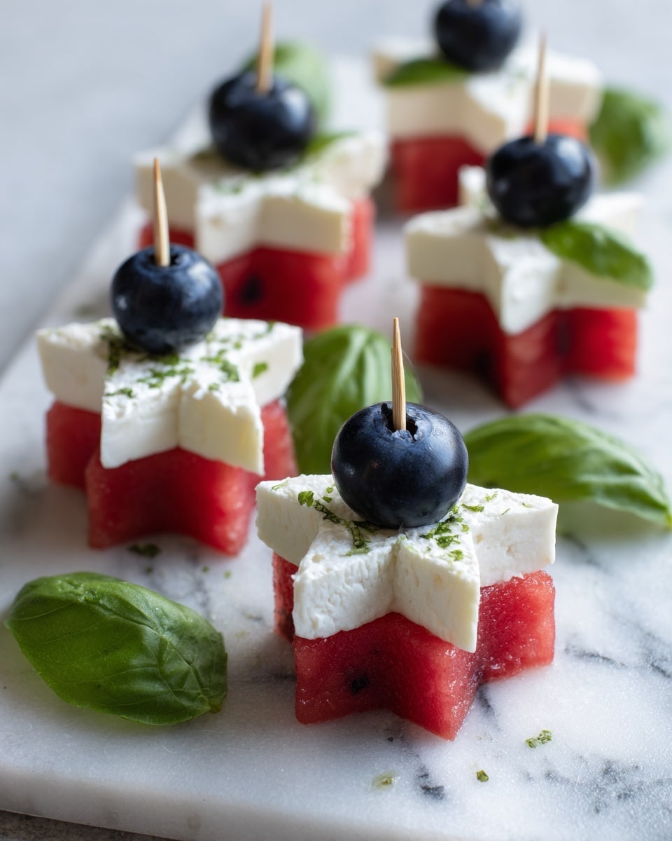 The image shows several star-shaped slices of red watermelon as the bottom layer, topped with smaller white star-shaped slices of a soft cheese or similar ingredient in the center of each watermelon star. On top of each white star, there is a single dark blue round blueberry, held in place with a toothpick. Bright green basil leaves are scattered around the star shapes on a white marbled surface, creating a fresh and colorful look. photo taken with an iphone --ar 4:5 --v 7
