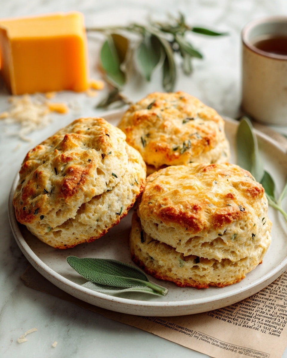 Three golden-brown biscuits sit on a white round plate, each showing flaky, layered textures with slightly crispy edges and soft, airy inside visible in the front biscuit. Two green sage leaves lie on the plate near the biscuits, adding a fresh touch. The plate rests on a white marbled surface covered partially by some newspaper, with a small cube of orange cheese and a grater blurred in the background. The warm light enhances the biscuits' crust and the soft green of the leaves. Photo taken with an iphone --ar 4:5 --v 7