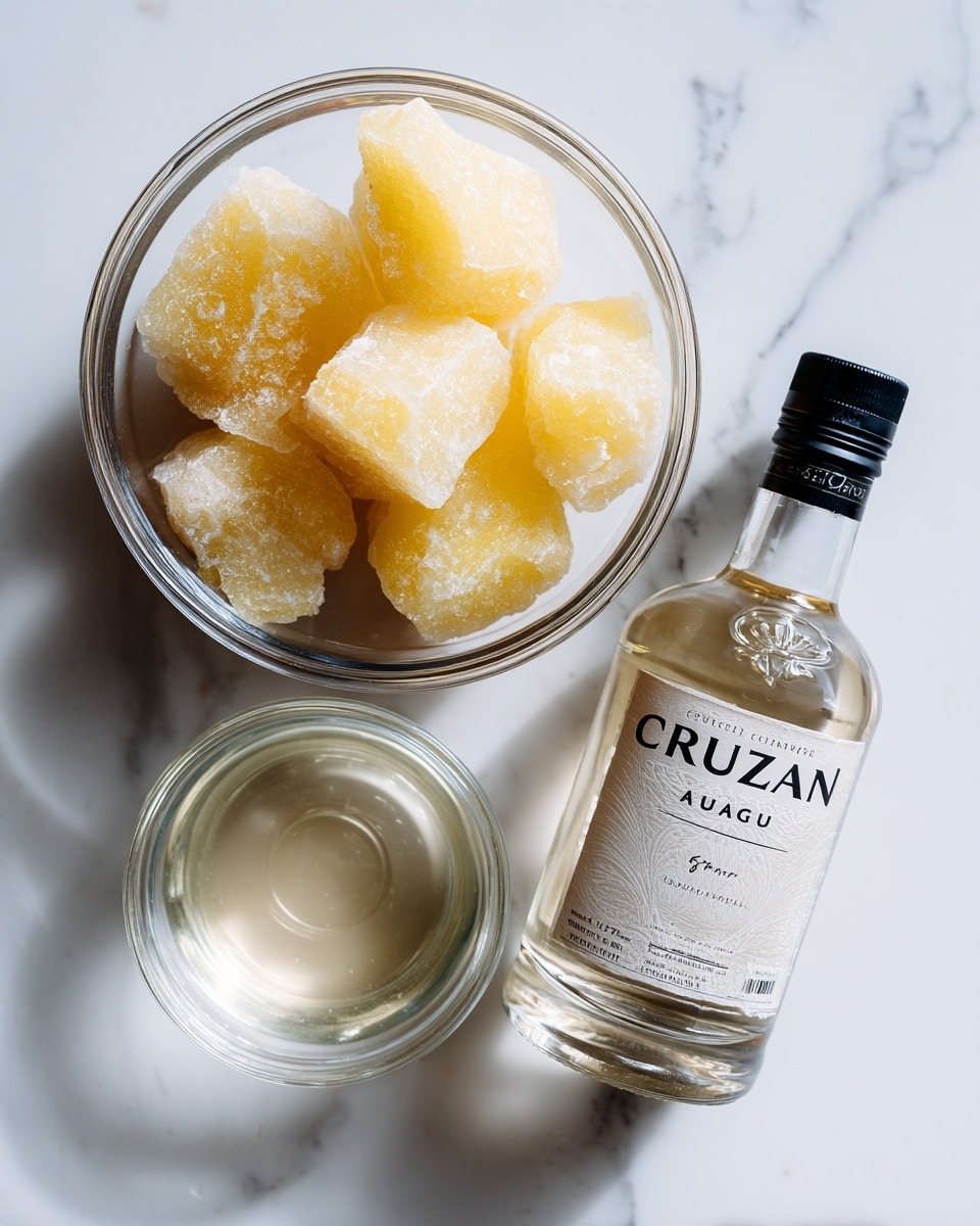 The image shows three items on a white marbled surface: a clear glass bowl filled with several irregular pieces of yellow and light yellow frozen fruit, another smaller clear glass bowl containing a translucent light liquid, and a small clear bottle with a black cap labeled