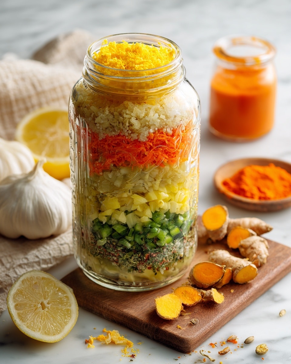 A clear glass jar stands on a white marbled surface filled with five distinct layers: the bottom layer is a pale yellow, crumbly texture, above it is a bright yellow diced layer, followed by a dark green chopped layer, then a small section of dried herbs in light brown and green colors, topped with a finely grated, vibrant orange layer. Around the jar are fresh ingredients including a halved lemon showing its bright yellow inside, whole garlic bulbs with white papery skins, and pieces of orange turmeric root on a wooden board. In the background, a small white container holds an orange liquid. The setting is bright and clean, emphasizing natural, fresh ingredients photo taken with an iphone --ar 4:5 --v 7