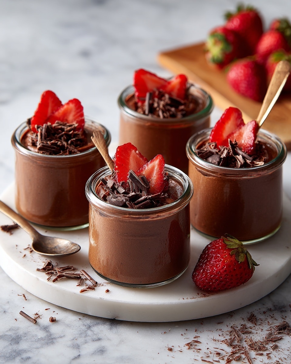 The image shows a clear glass jar filled with smooth, light brown chocolate mousse. On top, there is a layer of dark chocolate shavings scattered over the mousse. Two bright red strawberry slices are placed standing against the inside edge of the jar, adding a fresh pop of color. A light wooden spoon is dipped into the mousse, holding a small scoop, with some chocolate shavings on top as well. The jar is set on a white marbled surface. photo taken with an iphone --ar 4:5 --v 7
