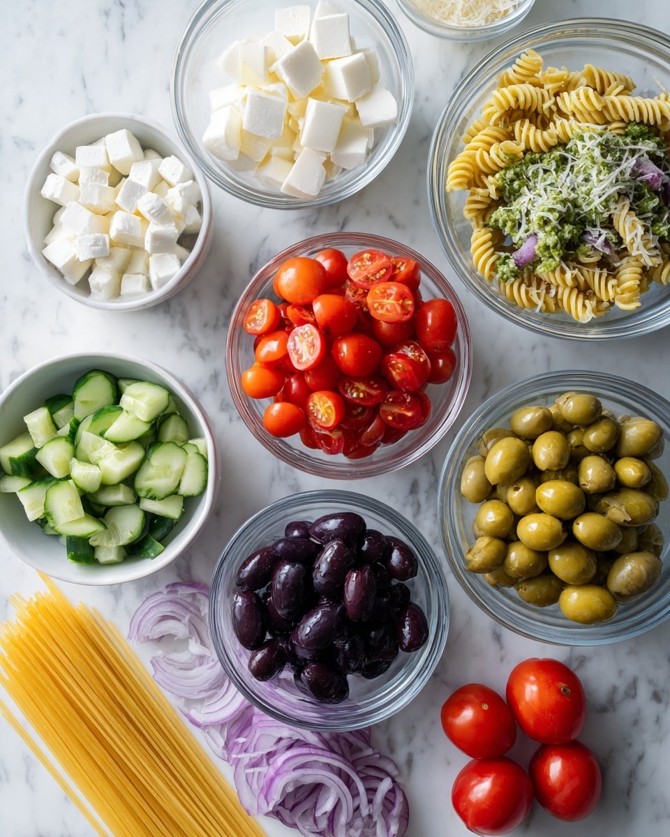 This image shows multiple small white bowls and glass bowls placed on a white marbled surface, each filled with different ingredients. At the top left, there is a white bowl with small white cheese cubes. Next to it, a large glass bowl contains halved red cherry tomatoes. Below that, another glass bowl is filled with bright red halved cherry tomatoes. To the right, a white bowl holds spiral pasta mixed with green pesto sauce. In the center, a glass bowl is full of dark blue or black olives or grapes. Below that, a small white bowl is filled with diced cucumbers with green skin. To the right, another white bowl holds green olives. Near the bottom left, a white bowl contains diced purple onions, and next to it, a bundle of uncooked spaghetti lies directly on the surface. On the bottom right, a glass bowl holds white cheese cubes. Three whole red tomatoes sit at the far bottom right corner on the surface. The light is soft, showing the fresh colors and textures clearly, photo taken with an iphone --ar 4:5 --v 7