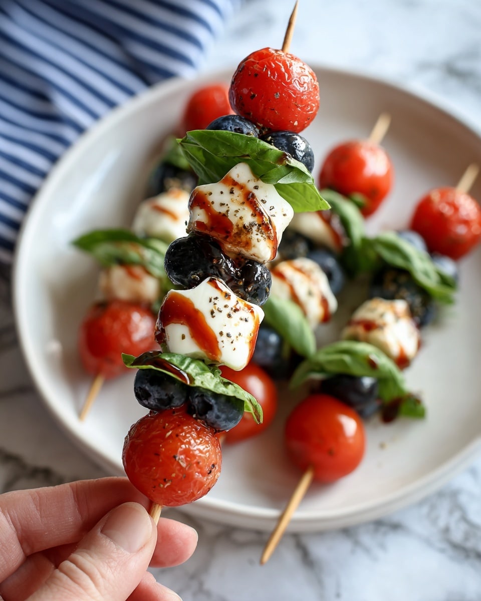 The image shows several small skewers on a white plate placed on a white marbled surface. Each skewer has a bright red cherry tomato, a fresh green basil leaf, a white star-shaped piece of cheese, and a small dark blueberry. The cheese stars are topped with a drizzle of dark red sauce. The skewers are arranged close together with some of the dark red sauce spread on the plate. Photo taken with an iphone --ar 4:5 --v 7