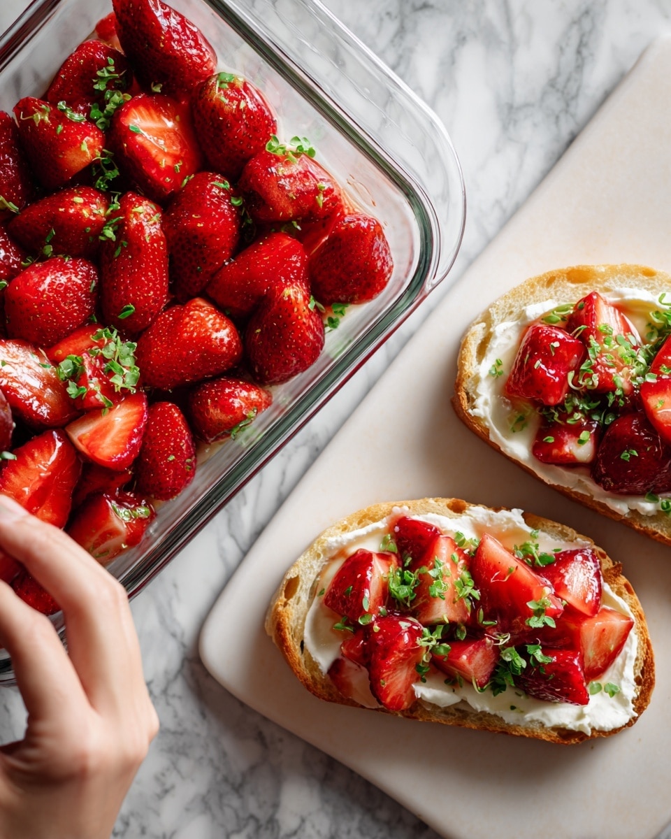 The image shows two parts: on the left, a white marbled surface holds a clear glass baking dish filled with a single layer of bright red strawberry slices, arranged neatly and covering the bottom, while a woman's hand places a small green herb sprig on top; on the right, there is a close-up of a slice of toasted bread with a golden-brown crust, topped with a thick layer of white cream cheese, and then a pile of glossy, deep red strawberry pieces coated in syrup, garnished with another small green herb sprig on a white plate. photo taken with an iphone --ar 4:5 --v 7