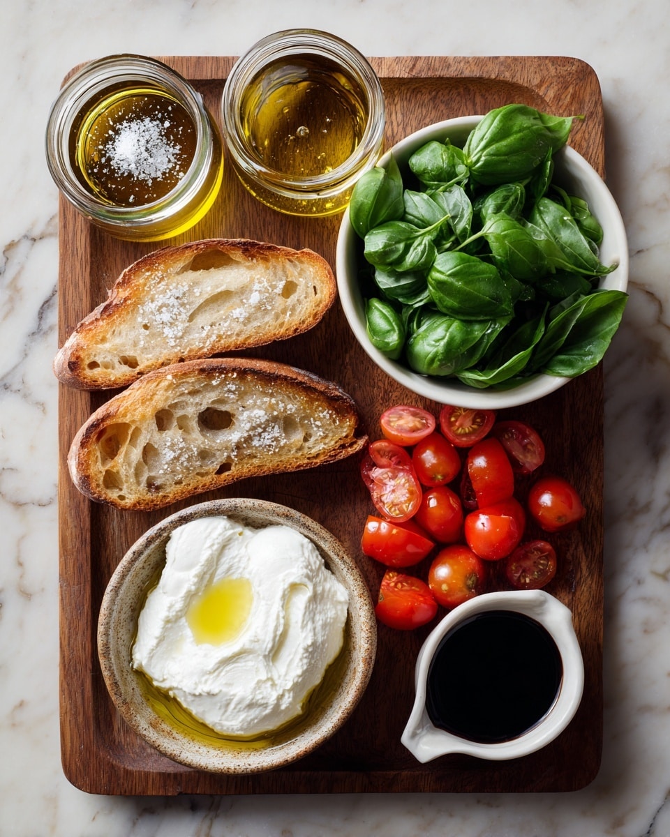 A wooden board holds several ingredients arranged neatly on a white marbled surface. On the top left, there is a clear glass jar filled with golden olive oil topped with coarse white salt, next to a small glass container with more olive oil. Below them, there are three slices of toasted bread with a light brown crust and soft white interior. Near the center left, a small rustic bowl contains a large dollop of creamy white ricotta cheese with a small pool of olive oil on top. At the top right of the board, a white ceramic bowl is full of fresh, dark green basil leaves with a smooth texture. On the bottom right, a pile of bright red cherry tomatoes, some whole and a couple cut in half, show their juicy inside and small seeds. Next to the tomatoes, a small white cup holds a dark balsamic vinegar liquid. The whole setup is captured clearly, lit softly, with the photo taken with an iphone --ar 4:5 --v 7