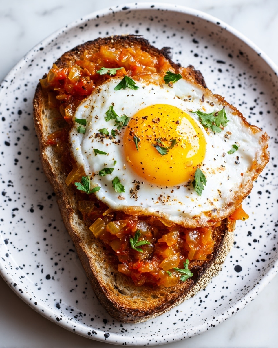 The image shows a single slice of toasted bread with a rough, golden-brown crust, topped with a thick layer of chunky tomato and onion sauce in rich orange and red colors mixed with bits of translucent cooked onions. On top of the sauce, there is a sunny-side-up egg with a bright yellow yolk in the center surrounded by a slightly crispy white edge, sprinkled lightly with black pepper and small green parsley leaves scattered over both the egg and sauce. The toast sits on a white plate with black speckled spots, all set on a white marbled surface. photo taken with an iphone --ar 4:5 --v 7