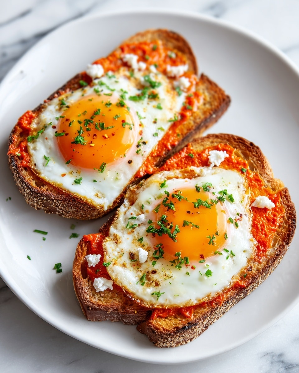 Two slices of toasted brown bread sit on a white plate. Each slice is layered with bright red tomato sauce, topped with a sunny side up egg with a shiny yellow yolk in the center. White crumbly cheese is scattered on top of the eggs and tomatoes. Fresh green herbs are sprinkled over everything, adding a fresh touch. The plate is on a white marbled surface. Photo taken with an iphone --ar 4:5 --v 7