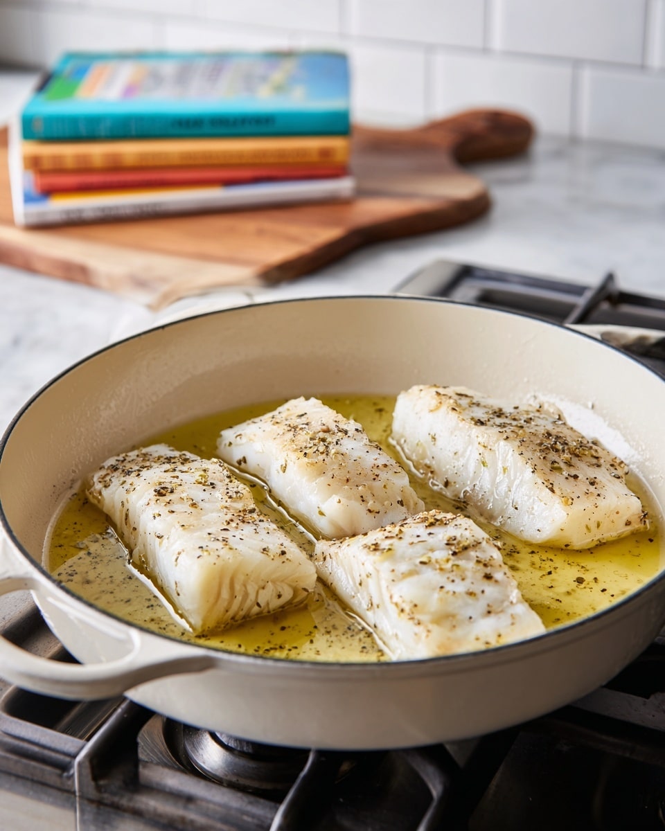 In the image, a white enameled pan sits on a stove with three pieces of white fish fillets inside, frying in yellow oil. Each fillet is lightly seasoned with black pepper, giving a speckled look on their pale white surface. The fillets are arranged in a row across the pan, with the middle piece being slightly thicker and longer than the two on either side. In the background, there is a stack of colorful cookbooks on a wooden cutting board, with the scene set against a white tiled backsplash and a white marbled countertop. photo taken with an iphone --ar 4:5 --v 7