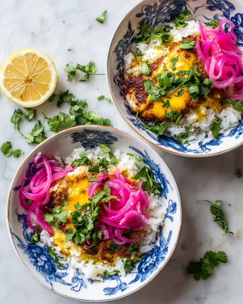 The image shows two white bowls with blue patterns filled with a layered dish. The bottom layer consists of white rice, topped with a golden-brown cooked meat layer with melted cheese on top. Bright pink pickled onions and vibrant green cilantro leaves are scattered over the meat layer, adding pops of color. The bowls are placed on a white marbled surface, surrounded by fresh lemon halves and loose cilantro leaves for decoration. The lighting highlights the textures and colors of the dish, making it look fresh and appetizing. photo taken with an iphone --ar 4:5 --v 7