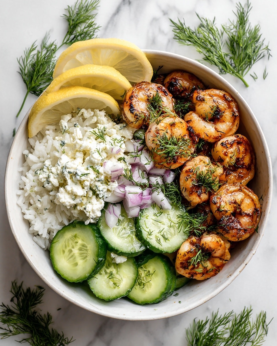 A white bowl holds a layered dish starting with a base of white rice covering the bottom. On top of the rice, there are cooked shrimp with a shiny, glazed reddish-brown coating and some green herb sprinkles. To the left side, there are fresh cucumber slices in dark green skin, topped with white crumbled cheese and small pieces of purple onion mixed with green herbs. At the back of the shrimp, three thin yellow lemon slices lean against the bowl's edge. The bowl is placed on a white marbled surface with a few green herb leaves scattered nearby. Photo taken with an iphone --ar 4:5 --v 7