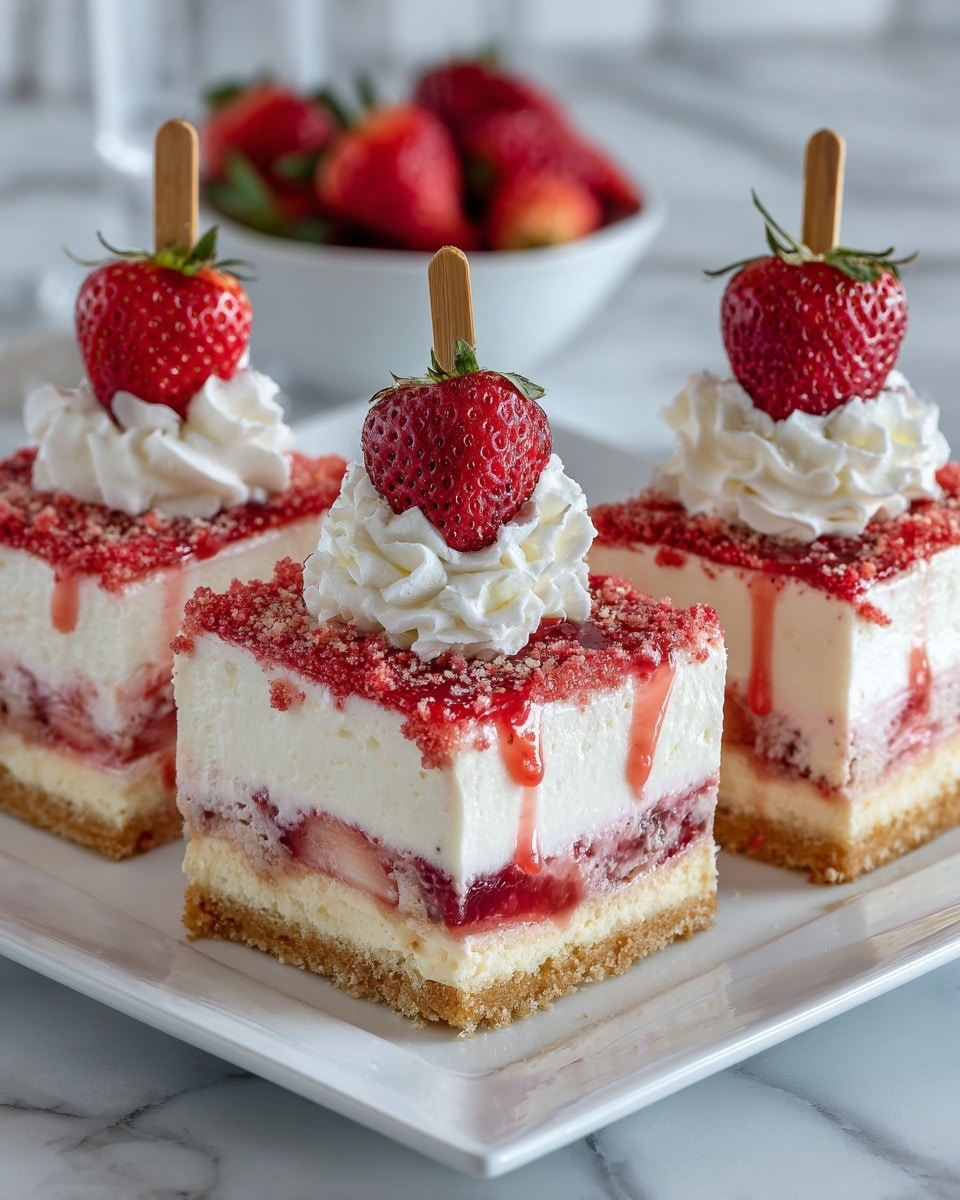 The image shows four rectangular popsicles covered with a crumbly, pink coating. Each popsicle has a wooden stick, and they lie on a white tray with rounded edges. Around the popsicles, there are fresh strawberry halves placed on the tray, their red color contrasting with the pink crumbly texture. The background is a white marbled surface, bright and clean, with soft natural light casting gentle shadows. A woman's hand is reaching towards one of the popsicles in the top-left corner. photo taken with an iphone --ar 4:5 --v 7