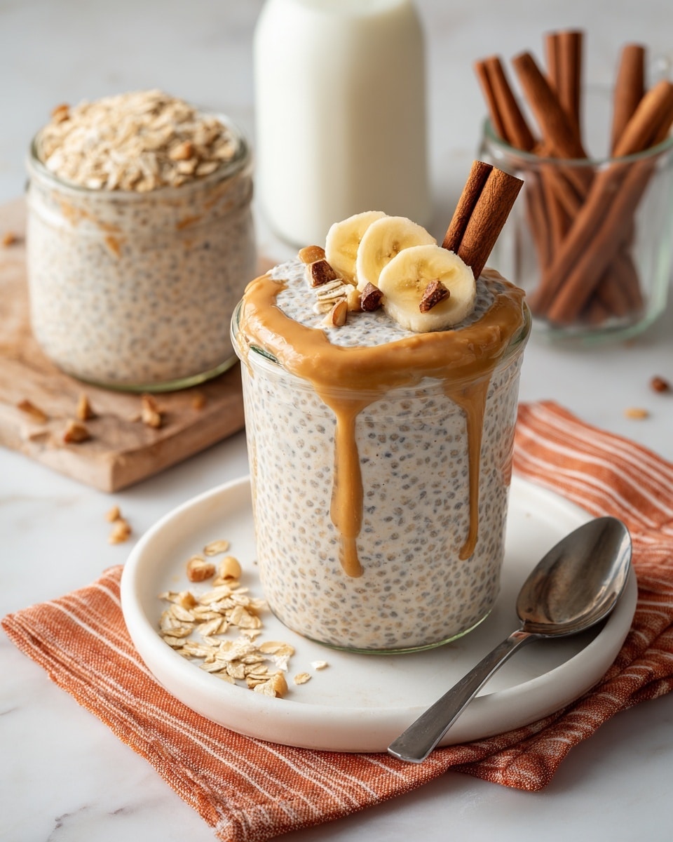 A clear glass jar filled with three layers of creamy oat and chia pudding, the pudding is light beige with tiny black chia seeds throughout. The top layer is thick and fluffy, overflowing slightly above the jar's rim. On top, a drizzle of light brown nut butter cascades down the side, topped with two banana slices and small pieces of walnuts scattered around. The jar sits on a white plate with an orange-striped napkin and an old silver spoon next to it. In the background, a second similar jar and a small white bottle with milk, along with two clear glass jars filled with cinnamon sticks and oats, all arranged on a white marbled surface. Photo taken with an iphone --ar 4:5 --v 7