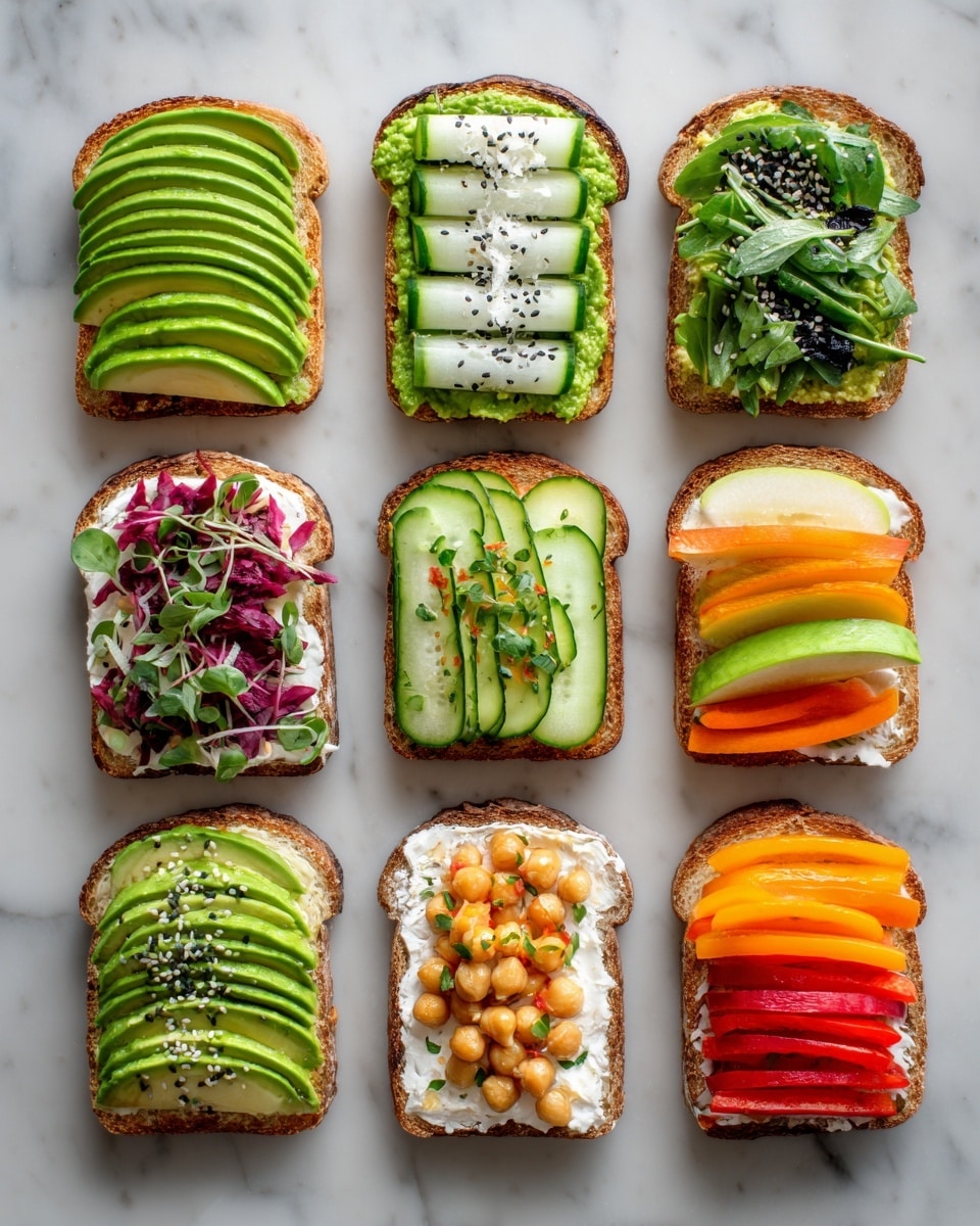 There are nine slices of toasted bread on a white marbled surface, each topped with different fresh ingredients. One slice has thin avocado slices arranged in neat rows, showing bright green and smooth texture. Another slice is topped with thin cucumber ribbons layered along with sesame seeds and small leafy greens, showing a fresh and crisp look. One slice features pickled carrots, jalapeños, and cilantro on a creamy green spread, adding orange, green, and reddish shades. Another toast shows bright yellow bell pepper strips on a bed of diced cucumber and red onion with sesame seeds, creating a colorful mix. A slice is topped with thin green apple slices, arranged neatly in overlapping layers with a fresh shine. One toast is loaded with roasted chickpeas, greens, small sprigs, and crumbled cheese for a rich texture mix. Another slice has more thin avocado fanned out smoothly. One piece shows rounded avocado slices with a smooth surface, while the last toast has a mix of leafy greens, pink pickled onions, cilantro, and crumbled white cheese for a bright, fresh look. photo taken with an iphone --ar 4:5 --v 7