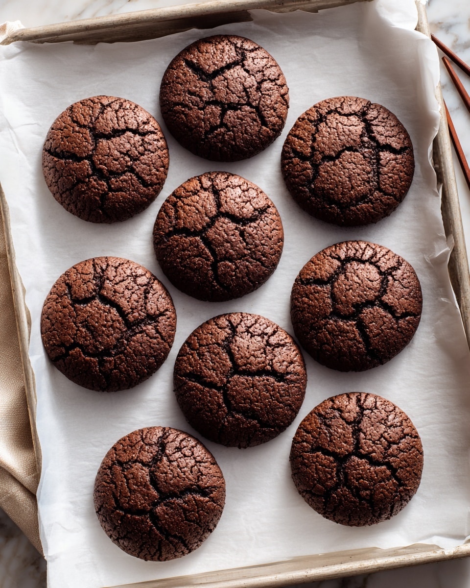 The image shows nine round chocolate cookies arranged on white parchment paper inside a baking tray. Each cookie is dark brown with a cracked, rough texture on top, showing a slightly dense and soft inside. The cookies are evenly spaced in a circular pattern, with one cookie missing at the top right corner and one cookie at the bottom center positioned closer to the edge. The baking tray rests on a wooden surface, and chopsticks are placed at the top right corner of the image. The overall lighting highlights the rich color and texture of the cookies against the white marbled surface. photo taken with an iphone --ar 4:5 --v 7
