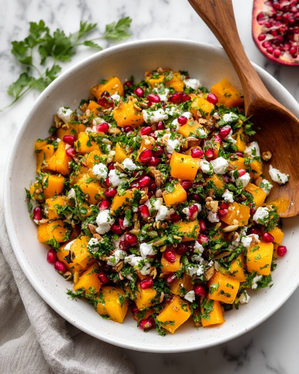 The image shows a white round plate filled with a colorful salad. The salad has roasted sweet potato chunks with a bright orange color, small white crumbles of cheese scattered on top, fresh green parsley leaves spread throughout, and tiny red pomegranate seeds sprinkled evenly. There are also bits of nuts mixed in for texture. The plate sits on a white marbled surface, and a wooden spoon is partly visible on the right side. photo taken with an iphone --ar 4:5 --v 7