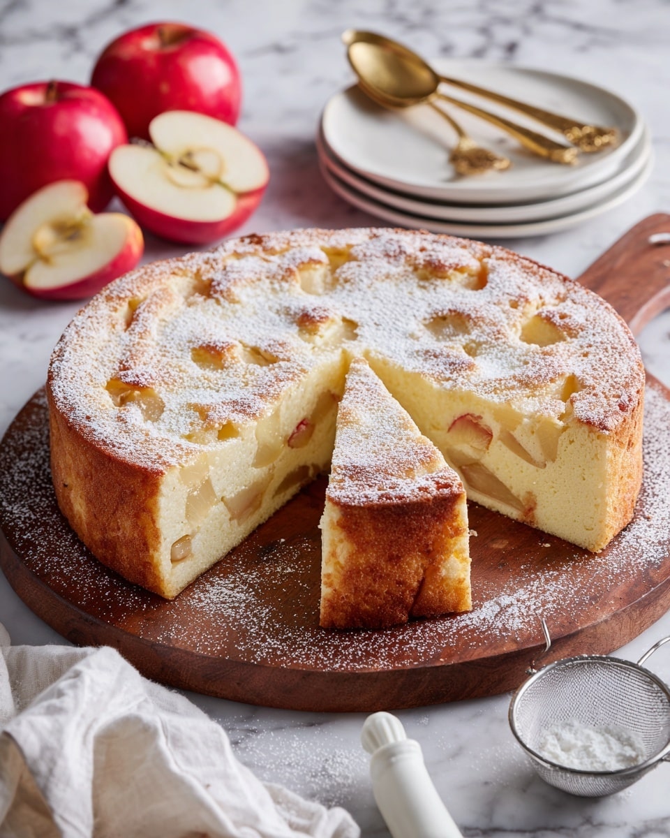A round soft cake with a light brown crust sits on a wooden board. The top of the cake is covered with a thin layer of white powdered sugar and has small chunks of apple showing through the surface. One slice is pulled out, revealing a pale yellow, moist inside with small pieces of apple inside. In the background, there are whole apples and apple slices, a stack of white plates with gold spoons on top, and a woman’s hand holding the board. The scene is on a white marbled surface with a metal sieve and a white cloth nearby. photo taken with an iphone --ar 4:5 --v 7