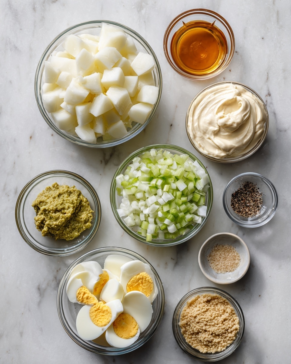 The image shows a white marbled surface with nine clear glass bowls arranged in a loose circular shape. The largest bowl on the left is filled with white potato cubes. Above it is a small bowl with amber-colored liquid. To the right of that is a bowl filled with creamy white mayonnaise. Below in the center, there is a bowl with finely chopped white onions. Below and to the right of it, a bowl with small green celery pieces. At the bottom center is a bowl with chopped hard boiled eggs showing yellow yolks and white edges. On the bottom left, a bowl holds a green mustard-like mixture, and next to it, a very small bowl contains grainy mustard. Below the egg bowl, two very small dishes hold coarse salt and black pepper. The bowls are placed on the white marbled surface with a clean and organized look. photo taken with an iphone --ar 4:5 --v 7