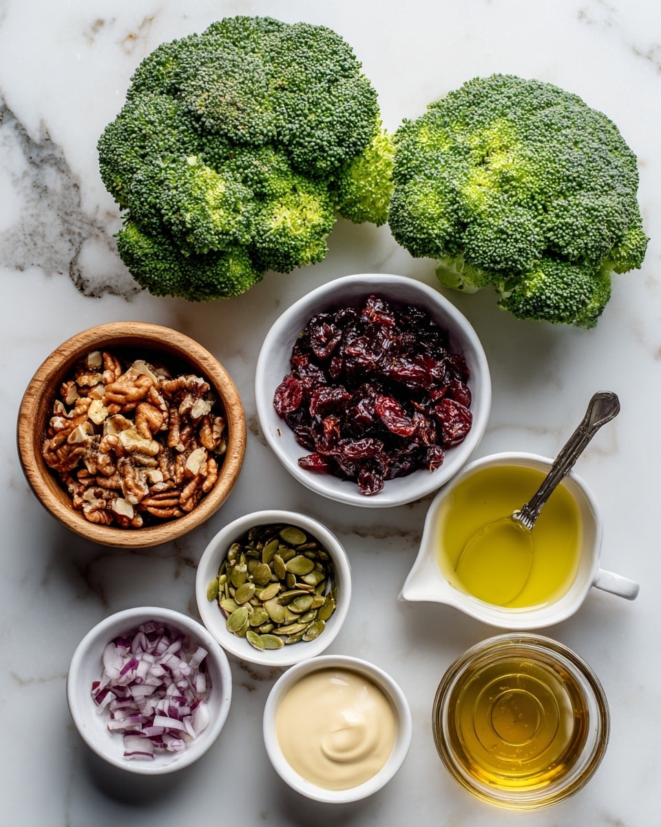 The image shows a flat lay of fresh ingredients on a white marbled surface. At the top, there are two large bright green broccoli heads. Below them are two small white bowls; one filled with deep red dried cranberries and the other with finely chopped purple onions. To the left side, a light wooden bowl holds a mix of brown toasted nuts and green pumpkin seeds. On the right side, there are five small white bowls and a small glass container; the white bowls contain a dollop of light yellow sauce, a smooth creamy beige mayonnaise-like sauce, and a small amount of a translucent honey-colored syrup. The glass container has a golden yellow oil. Everything is neatly arranged in a visually balanced layout. Photo taken with an iphone --ar 4:5 --v 7