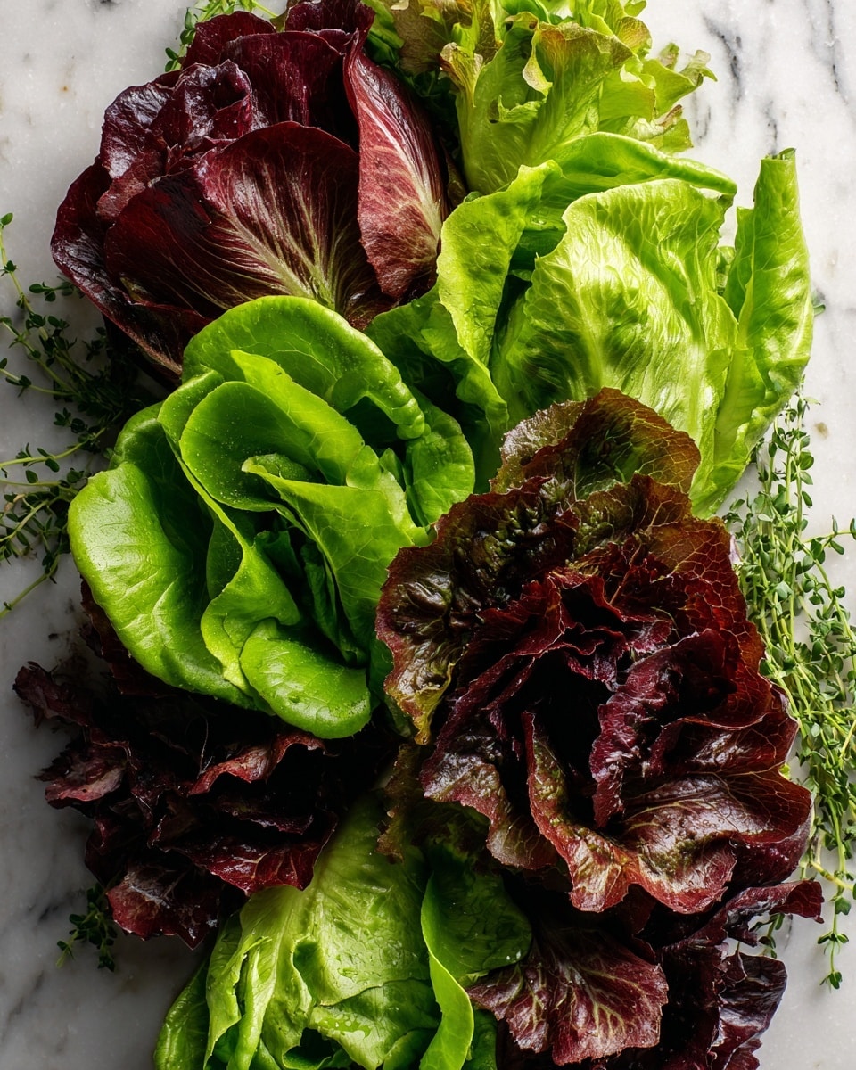 The image shows a top view of many fresh lettuce leaves spread out on a white marbled surface. The lettuce leaves vary in color from bright green to dark reddish-purple. The leaves are layered closely together with softer, curly green lettuce in the middle and larger, crisper green and reddish leaves around the edges. Their textures range from smooth and soft to slightly wrinkled and rough. At the bottom and top edges, some small green herbs are mixed among the leaves, adding a fresh touch. The overall feeling is fresh and natural. photo taken with an iphone --ar 4:5 --v 7