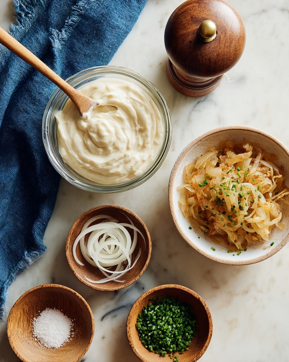 The image shows five small bowls and a wooden pepper grinder placed on a white marbled surface. The largest bowl is clear glass and filled with a smooth, creamy white sauce with a wooden spoon resting inside it. To the right, a white bowl holds soft, caramelized golden-brown onions with a wooden spoon inside. Below, three small round wooden bowls contain different ingredients: one with a spiral of white salt, one with finely chopped fresh green chives, and one with a small amount of white powder. A blue cloth napkin is partially visible beside the bowls. photo taken with an iphone --ar 4:5 --v 7