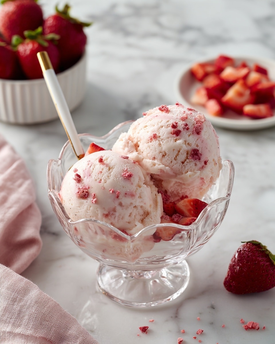 A clear glass bowl with scalloped sides holds two thick scoops of light pink creamy strawberry ice cream, sprinkled with bright red crushed strawberry pieces on top. A gold and white spoon is inside the bowl, resting on the ice cream. The bowl is placed on a white marbled surface, with some scattered red crumbs nearby. In the background, there is a white bowl filled with fresh red strawberries with green leaves, slightly out of focus. Photo taken with an iphone --ar 4:5 --v 7