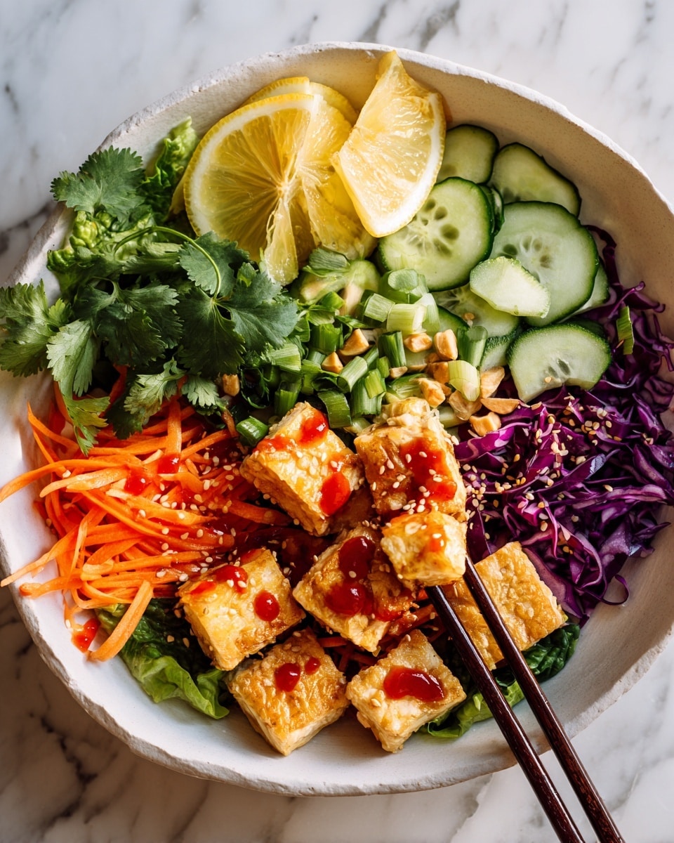 This dish shows a bowl with fresh, colorful layers starting at the bottom with green leafy lettuce and spinach, topped with thin orange carrot strips on the right side and thinly sliced green onions below. Next to those are small slices of cucumber arranged on the top right. In the center, there are brown tofu cubes coated with a glossy red sauce, sprinkled with white sesame seeds and peanuts, and garnished with green cilantro leaves. Left side has bright purple cabbage shreds. Towards the top center, two lime wedges and some cilantro sprigs add a fresh decoration. A pair of dark brown chopsticks is picking up a tofu cube from the bowl, which sits on a white marbled surface photo taken with an iphone --ar 4:5 --v 7