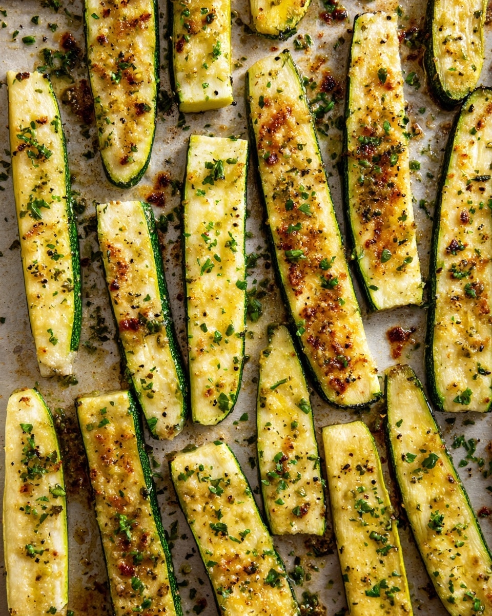 The image shows a close-up of many long, thin slices of zucchini arranged in neat rows on a baking tray. Each slice is lightly grilled with a golden brown crust on top, showing a slightly crispy texture, and sprinkled with small green herb bits and black pepper. The zucchini slices have a soft light green color on the edges and a pale yellow inside. The tray underneath is slightly shiny with a few spots of oil and browned bits. The overall look is warm with a mix of green, yellow, and brown colors on a clean tray surface. photo taken with an iphone --ar 4:5 --v 7