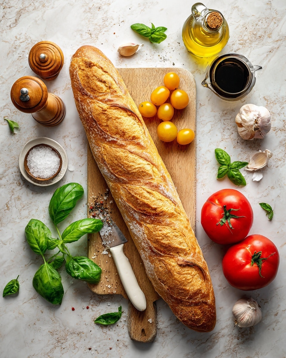 A long, crusty baguette with a golden-brown, cracked crust lies diagonally on a light wooden board. Around it are bright yellow cherry tomatoes clustered on and beside the baguette. Three large, vibrant red tomatoes with green stems sit to the right of the bread. At the bottom, fresh green basil leaves create a soft, leafy layer. Nearby, several garlic cloves rest on the white marbled surface. Two clear glass bottles, one with golden olive oil and the other with dark balsamic vinegar, along with a wooden pepper grinder, surround the board. A white-handled serrated knife is partially tucked under the baguette. There is also a small white bowl filled with coarse salt near the basil. Photo taken with an iphone --ar 4:5 --v 7
