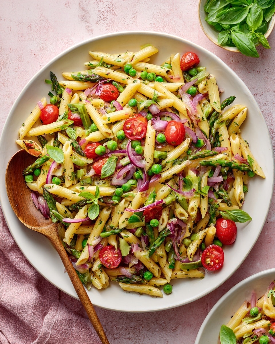 A white plate is filled with a colorful pasta salad made of three layers: the bottom layer is pale yellow penne pasta, the middle layer includes bright green peas and asparagus along with yellow and green zucchini slices, and the top layer is scattered with red cherry tomatoes, light red thin onion slices, and fresh green basil leaves. A wooden spoon rests on the left side of the plate, partially touching the pasta. Nearby, there is a small brown bowl filled with fresh green basil leaves and parts of additional white plates with pasta salad. The background is a soft pink surface with a white marbled texture. photo taken with an iphone --ar 4:5 --v 7