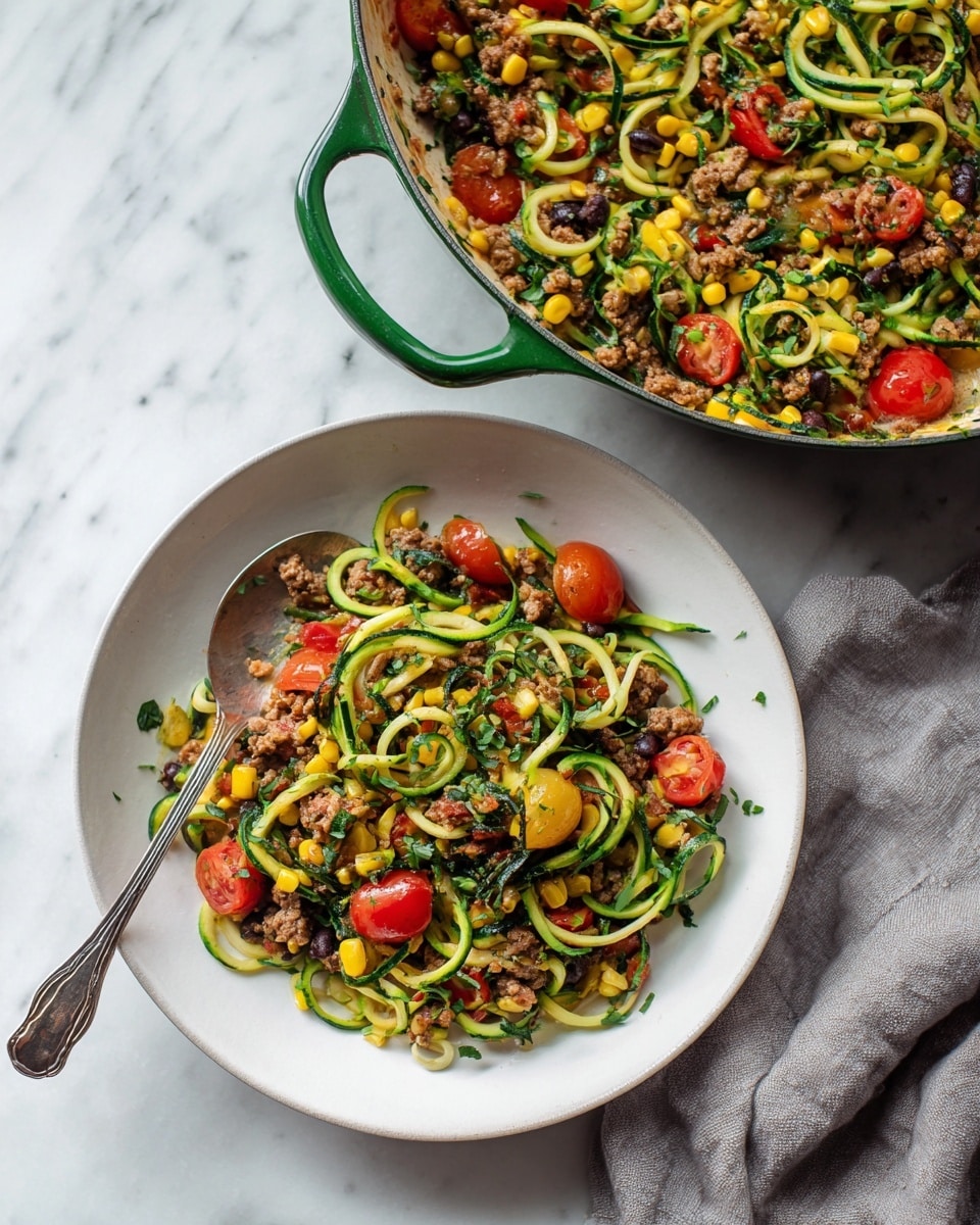 The image shows a white plate filled with a colorful mix of spiral-shaped green zucchini noodles, bright red halved cherry tomatoes, yellow corn kernels, black beans, and browned ground meat, all mixed together with finely chopped green herbs sprinkled on top. Next to the plate, there's a green-handled pan containing more of the same mixed dish, with a silver spoon resting inside it. The white marbled surface beneath the plate and pan adds a clean and simple feel to the scene, with a soft gray cloth casually placed to the right. The food looks fresh and inviting with the different colors and textures clearly visible, photo taken with an iphone --ar 4:5 --v 7