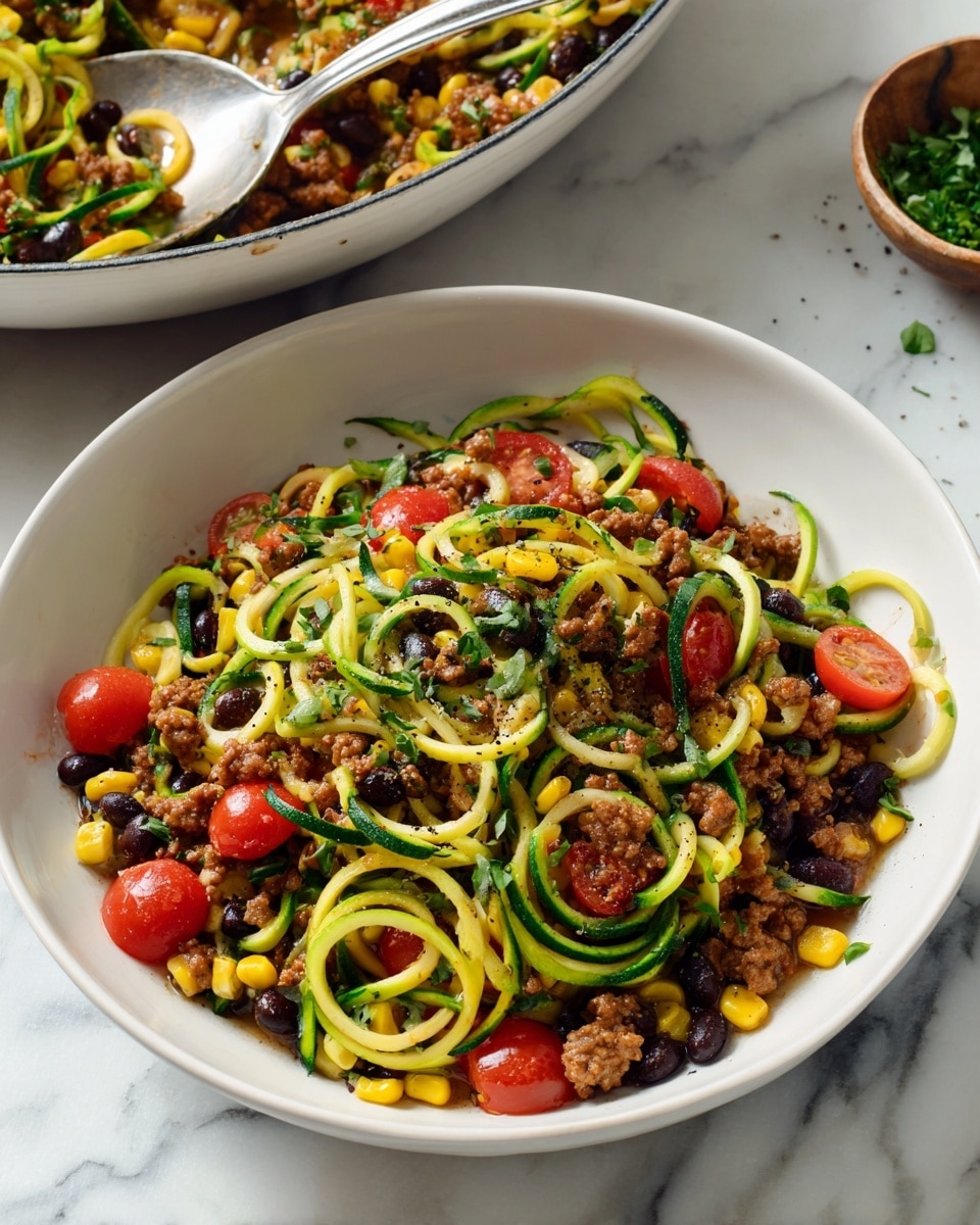 A white bowl filled with three main layers is shown. The bottom layer has thin spiral-cut light green and yellow zucchini noodles. The middle layer consists of dark black beans and bright yellow corn kernels scattered evenly. The top layer features small pieces of cooked brown meat mixed with halved red cherry tomatoes and sprinkled with fresh chopped green herbs. The dish is lightly dusted with black pepper. Nearby, a white pan contains the same mixture with a silver spoon resting inside on top of the food. The whole scene is set on a white marbled surface. photo taken with an iphone --ar 4:5 --v 7