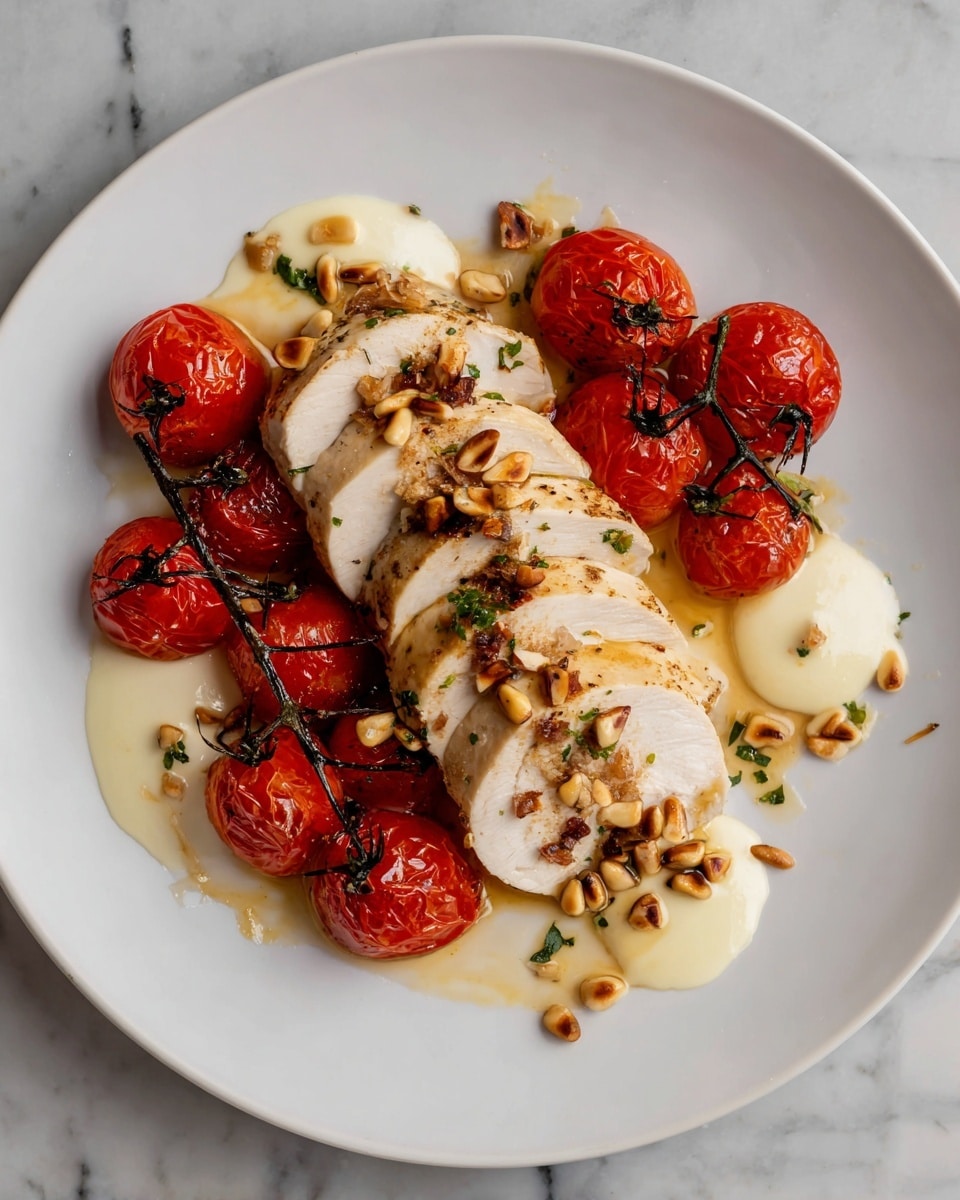 A white plate shows a meal with three parts: at the center, sliced cooked chicken with a golden brown outside, arranged in a neat row; on the left, several bright red roasted tomatoes still on the vine with a slightly shiny surface; and scattered around and on top of the chicken and tomatoes, small creamy white dollops of sauce with a smooth texture and a few toasted pine nuts. The plate is set on a white marbled surface. photo taken with an iphone --ar 4:5 --v 7