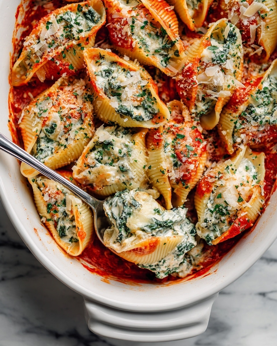 A white baking dish filled with large pasta shells stuffed with a creamy white cheese and chopped green spinach inside, arranged close together in layers. The pasta shells are covered unevenly with bright red tomato sauce, melted white shredded cheese, and thin, pale beige shaved cheese on top. Fresh green basil leaves are scattered on the cheese, adding a pop of color. On the left side, a silver spoon scoops one pasta shell, showing the inside filling clearly. The dish is set on a white marbled surface photo taken with an iphone --ar 4:5 --v 7