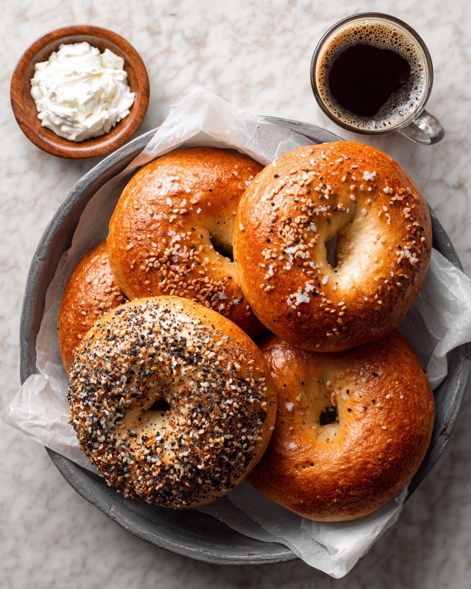 The image shows five bagel halves arranged on white crumpled parchment paper placed on a round white plate. Three of the bagel halves are topped with a shiny brown layer covered in mixed sesame and poppy seeds, while the other two have a smooth light brown crust. Each bagel half is thickly spread with a creamy white layer of cream cheese in the middle. The inside of the bagels looks soft and fluffy with a light beige color. A silver butter knife with a simple pattern rests on the surface next to the plate. The background is a white marbled texture. photo taken with an iphone --ar 4:5 --v 7