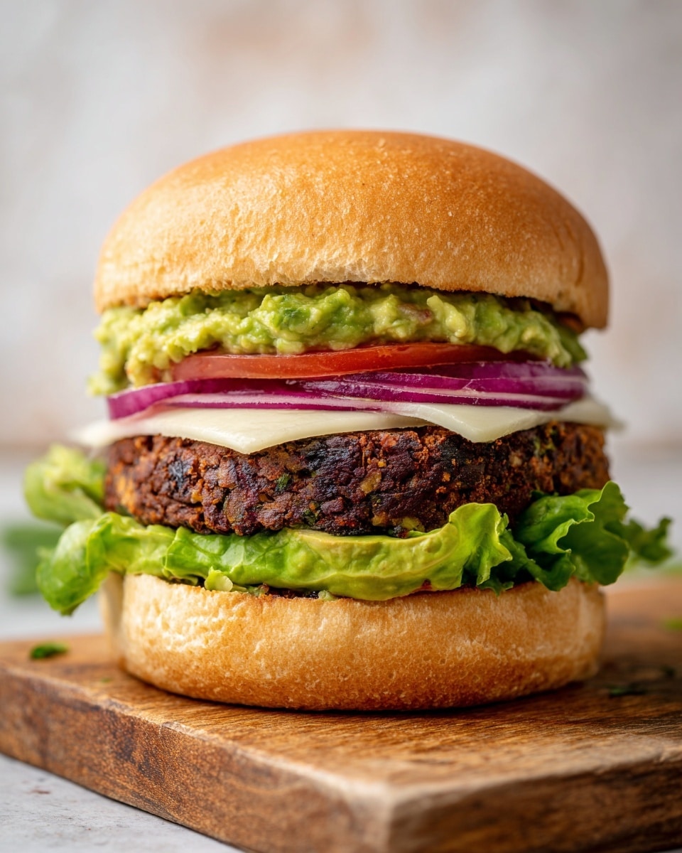 A close-up view of a burger on a wooden board with a white marbled background. The burger has five main layers: at the bottom, a soft, slightly textured brown bun; above it, fresh green leafy lettuce; next, a thick, dark brown grilled patty with visible bits of ingredients in it; a smooth slice of white cheese rests on the patty; above the cheese, thin slices of purple onion with a bit of red sauce; and finally, a thick layer of mashed green avocado spread under the top half of the bun, which is light brown with a soft texture. The edges of the bun are slightly wrinkled, showing softness. Photo taken with an iphone --ar 4:5 --v 7