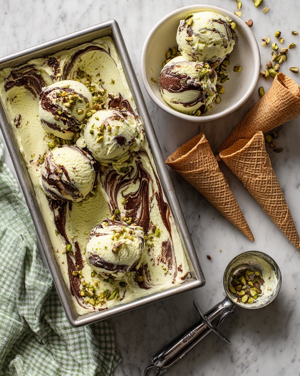 This image shows a metal rectangular container filled with three layers of pistachio ice cream swirled with chocolate. The ice cream base is pale green with rich dark brown chocolate swirls and finely chopped pistachios sprinkled on top, creating texture and color contrast. Two round white bowls hold scoops of the ice cream; one bowl has three scoops and the other has four, each showcasing the creamy, slightly chunky texture of the ice cream with visible chocolate streaks. Next to the bowls are three upside-down waffle cones with a light brown color, a silver spoon, and a metal ice cream scoop with some ice cream remnants on the white marbled surface. A folded green and white checkered cloth lies nearby, adding a soft texture to the scene. photo taken with an iphone --ar 4:5 --v 7