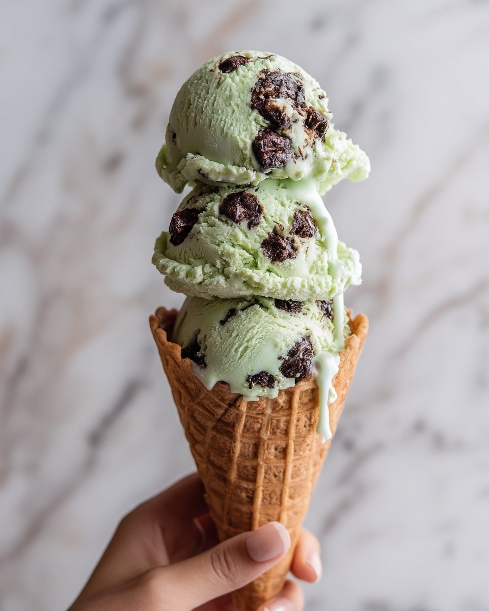 A woman's hand is holding a waffle cone filled with three generous scoops of pale green ice cream mixed with dark brown chocolate chunks, creamy texture with some melting at the edges, set against a white marbled background. photo taken with an iphone --ar 4:5 --v 7